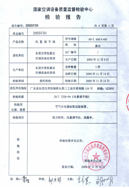 Air Damper Test Report